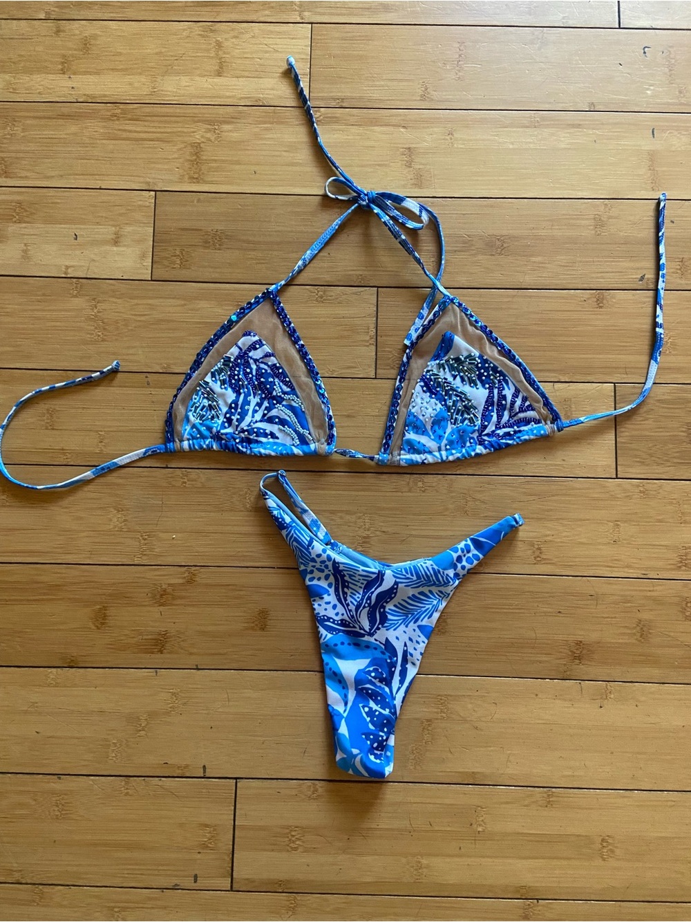 Blue Printed Triangle Bikini Set - Women Swim